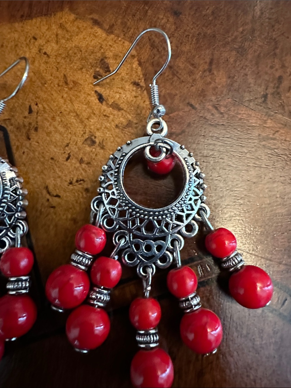 Red Beaded Filigree Drop Earrings - Women Jewelry - Picture 5 of 5